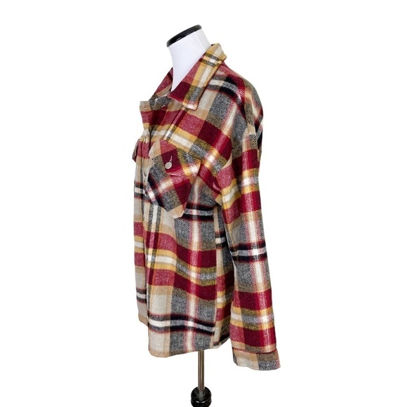 Womens Plaid Button Front Shirt Jacket Shacket Large Tan Black Red EUC - Picture 3 of 8